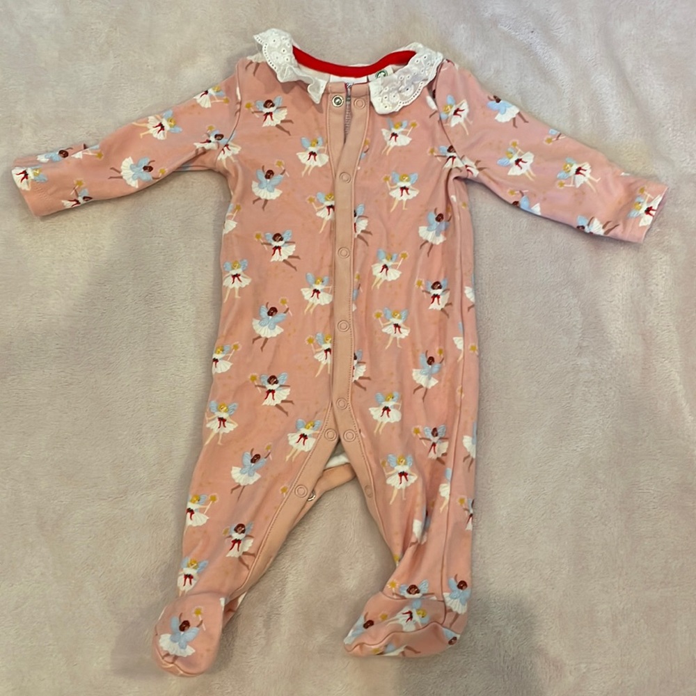Baby Boden holiday pjs with ruffle eyelet collar.